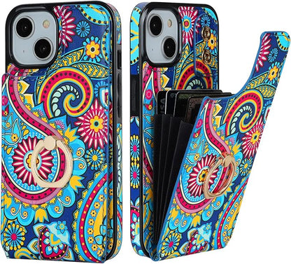 HAOPINSH for iPhone 13/ iPhone 14 Wallet Case with Card Holder, 360°Rotation Ring Kickstand, Paisley Pattern, RFID Blocking Leather for Girls Women, Double Buttons Flip Protective Cover 6.1"