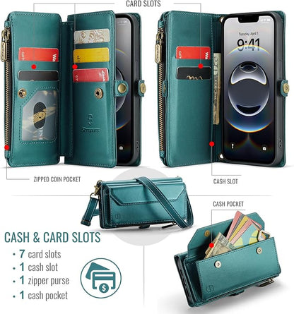 Strapurs Crossbody Wallet Case Compatible with iPhone 17e / iPhone 16e RFID Blocking 7-Card Holder PU Leather Magnetic Snap Shoulder Strap Zipper Pocket Phone Cases for iPhone 17e / 16e - Blue Green
