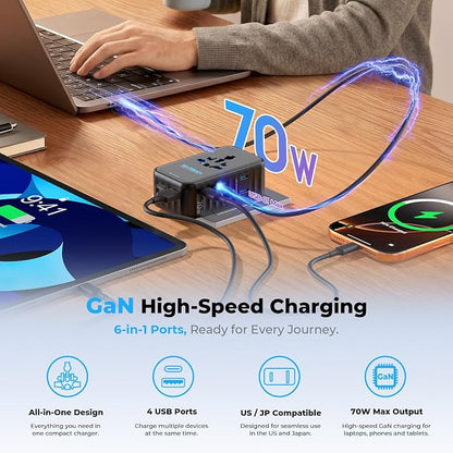 Aura 70W Ultra-Slim Universal Travel Adapter, 36mm Thin 6-in-1 International Plug, PD Fast Power Converter for Phone, iPad, Laptop, Worldwide Charger for EU/UK/AUS/AS/USA (Midnight Black)