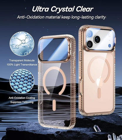 [Upgraded Full Camera Protection] for iPhone 17 Pro Case with Camera Cover Stand [Fit for MagSafe][10FT Mil-Grade Protection] Transparent Magnetic iPhone 17 Pro Phone Case, Clear Gold