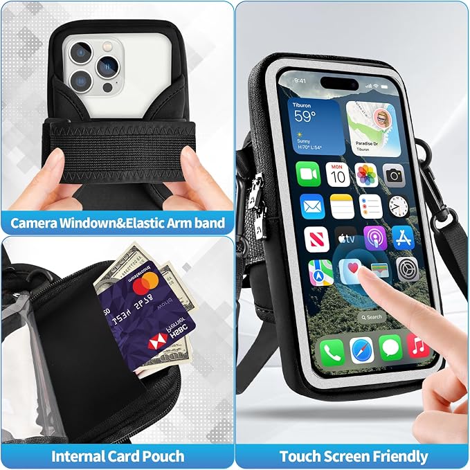 Running Phone Holder, Cell Phone Armband, Clear Crossbody Phone Pouch Purse with Adjustable Strap, Arm Bag with Carabiner, Fits iPhone 17/16/15/14 Pro Max & Galaxy S25 S24 S23[Up to 7.0 inch]