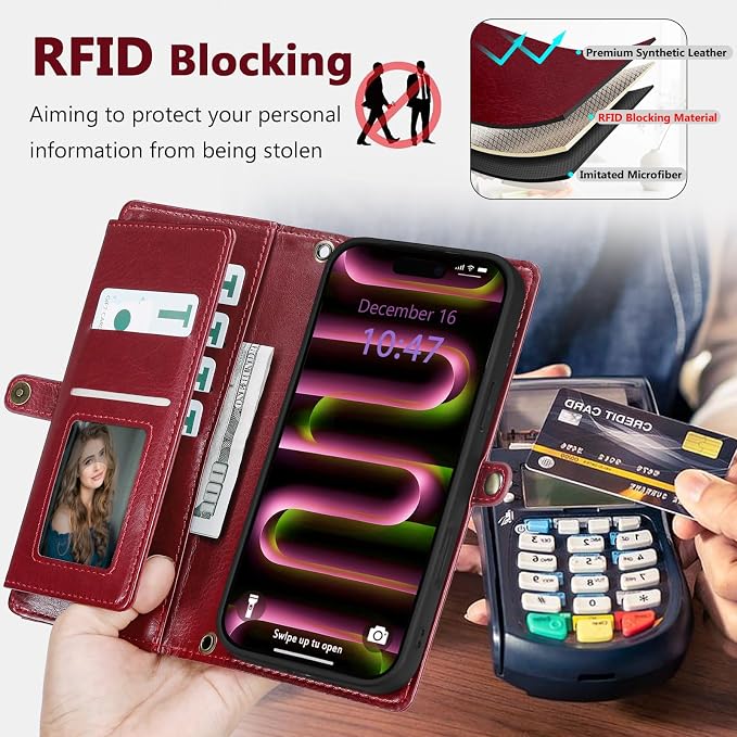 Wallet Case for iPhone 16 Pro with Card Holder/Crossbody Wallet/Strap| RFID Blocking | Magnetic | Kickstand | Detachable | PU Leather Phone Case for iPhone 16 Pro,6.3 in,Wine Red