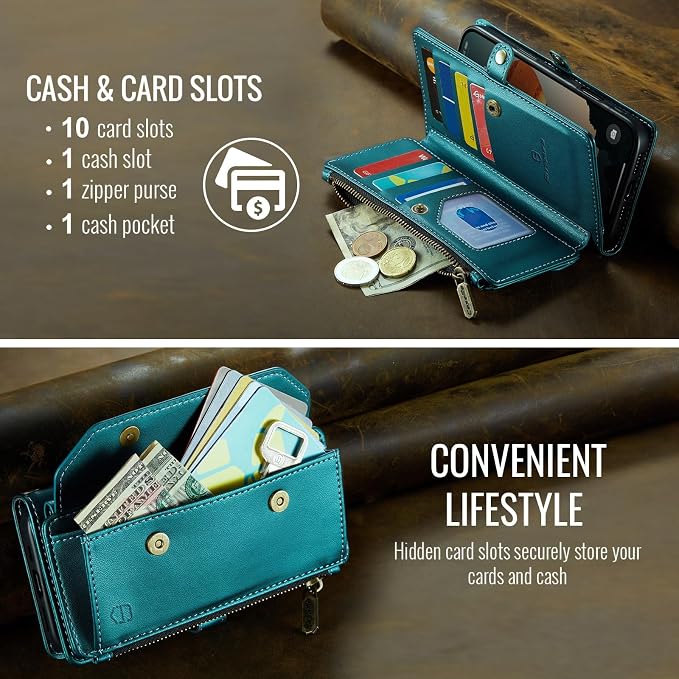 Strapurs Wallet Case Compatible with iPhone 16 Plus 6.7" RFID Blocking 10-Card Holder Soft PU Leather Magnetic Snap Shoulder Strap Zipper Pocket Phone Case Fit for iPhone 16 Plus - Bluegreen