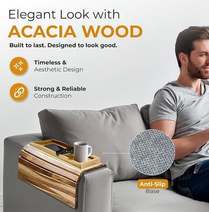 Couch Cup Holder Tray with 2 Cork Coasters, Caddy, Anti-Slip Foldable Armrest Sofa Tray, Anti-Spill Holder for Remote, Snacks, Cellphone - Ideal Gift (Acacia Wood)