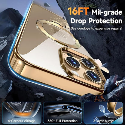 [Tri-Shield Protection] for iPhone 14 Pro Case with 360° Spin Stand Compatible with MagSafe [Magnetic CD Ring] [Screen & Camera Lens Protector] Shockproof Plating Never-Yellowing, Gold-6.1"