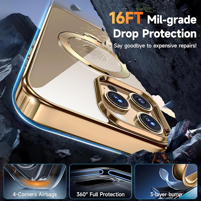 [Tri-Shield Protection] for iPhone 15 Pro Case with 360° Spin Stand Compatible with MagSafe [Magnetic CD Ring] [Screen & Camera Lens Protector] Shockproof Plating Never-Yellowing, Gold-6.1"
