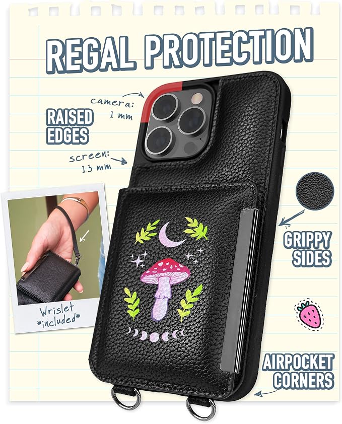 Smartish iPhone 14 Pro Max Crossbody Wallet Case - Dancing Queen [Purse/Clutch with Detachable Strap & Wristlet] Protective Cover with Credit Card Holder - Moons Out Shrooms Out