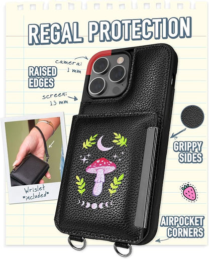 Smartish iPhone 14 Pro Max Crossbody Wallet Case - Dancing Queen [Purse/Clutch with Detachable Strap & Wristlet] Protective Cover with Credit Card Holder - Moons Out Shrooms Out
