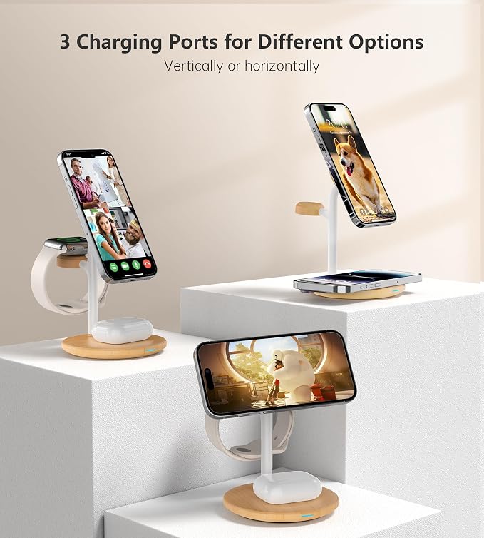 XooFly 3 in 1 Wireless Charging Station for Apple Devices,Fast Wireless Mag-Safe Charger Stand with 20W Adapter for iPhone 17 16 15 14 13 12 Pro Max/Pro/Plus/Air/Mini,iWatch,AirPods,Yellow Woodgrain