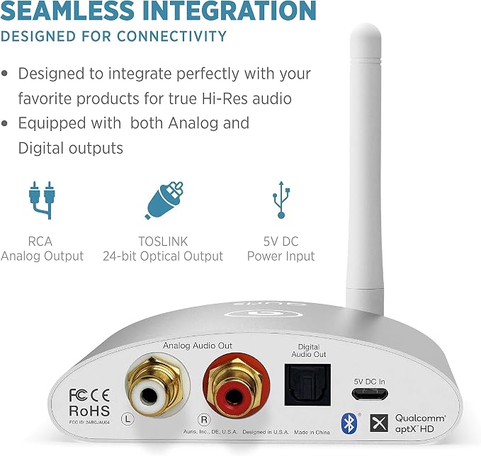 Auris Blume HD Long Range Bluetooth 5.3 Music Receiver Hi-Fi Audio Adapter with Audiophile DAC, LDAC & AptX HD for Home Stereo, AV Receiver or Amplifier