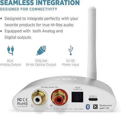 Auris Blume HD Long Range Bluetooth 5.3 Music Receiver Hi-Fi Audio Adapter with Audiophile DAC, LDAC & AptX HD for Home Stereo, AV Receiver or Amplifier