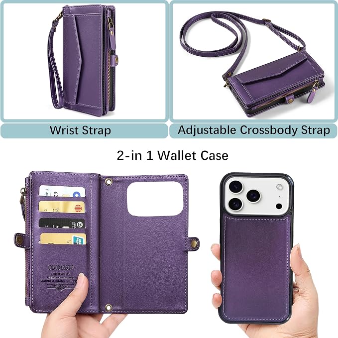 Compatible with iPhone 17 Pro 6.3" Wallet Case with RFID Blocking Card Holder for Women, PU Leather Flip Zipper Wallet Detachable Magnetic Phone Case Crossbody Strap, Purple