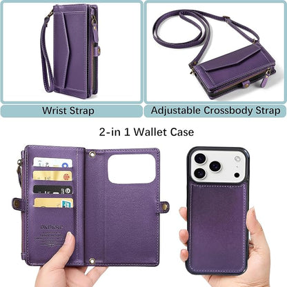 Compatible with iPhone 17 Pro 6.3" Wallet Case with RFID Blocking Card Holder for Women, PU Leather Flip Zipper Wallet Detachable Magnetic Phone Case Crossbody Strap, Purple