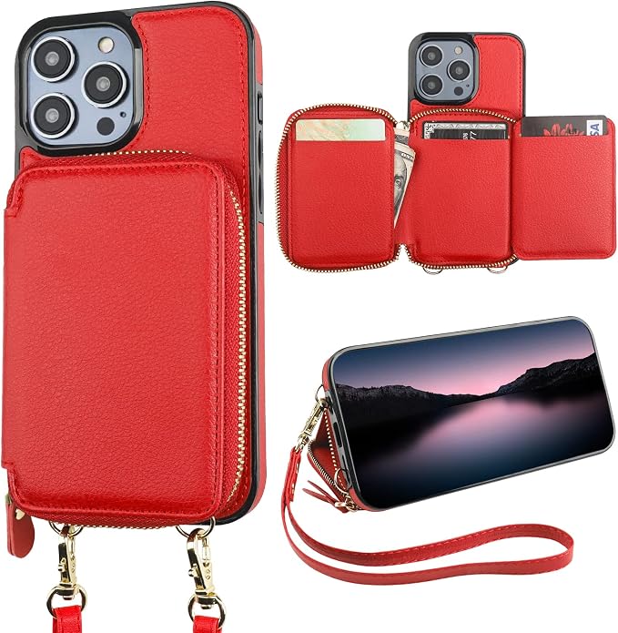 Bocasal RFID Blocking Wallet Case for iPhone 14 Pro, Adjustable Crossbody Zipper Purse Case Card Holder with Kickstand Detachable Wrist Strap, PU Leather Flip Folio Case 6.1 Inch 5G (Red)