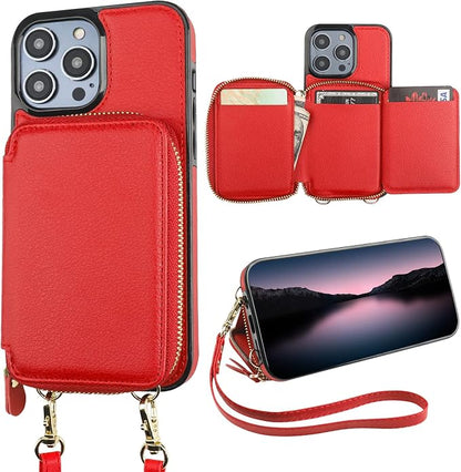 Bocasal RFID Blocking Wallet Case for iPhone 14 Pro, Adjustable Crossbody Zipper Purse Case Card Holder with Kickstand Detachable Wrist Strap, PU Leather Flip Folio Case 6.1 Inch 5G (Red)
