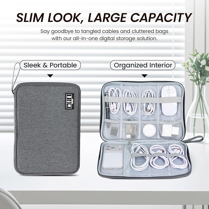Large Slim Cable Organizer Travel Case, Single-Layer Electronic Accessories Pouch for Chargers, Cords, Power Bank, Mouse and SD Cards, 12.6 x 9.45 x 1.57 Inches