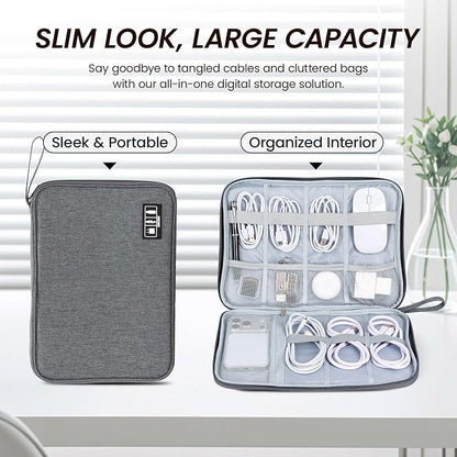 Large Slim Cable Organizer Travel Case, Single-Layer Electronic Accessories Pouch for Chargers, Cords, Power Bank, Mouse and SD Cards, 12.6 x 9.45 x 1.57 Inches