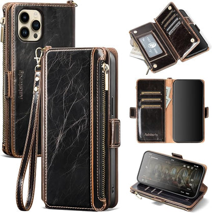 Antsturdy Compatible with iPhone 12 Wallet Case,RFID Blocking PU Leather Phone Case Women Men Flip Shockproof Protective Cover Wrist Strap Zipper Credit Card Holder Slots,for Apple 12 Pro 6.1"(Coffee)