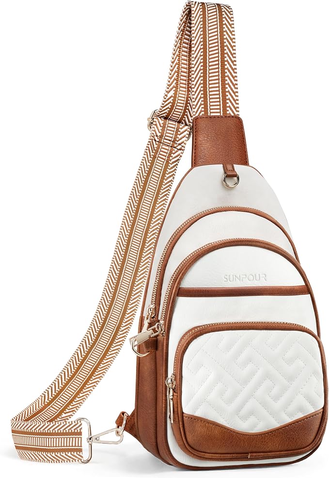 Anti Theft Crossbody Bags for Women, RFID Vegan Leather Sling Purse for Travel, Chest Bag, Cross Body Purses & Fanny Packs(Beige＆Brown) | Multi-Pocket, 8 RFID Card Slots, Structured bag, Quilted Design