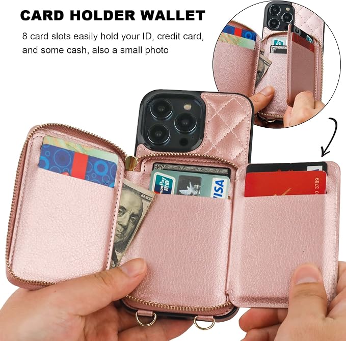 Bocasal Crossbody Wallet Case for iPhone 14 Pro Max, RFID Blocking PU Leather Zipper Handbag Purse Flip Cover, Kickstand Folio Case with Card Slots Holder Wrist Strap Lanyard 5G 6.7 Inch (Rose Gold)