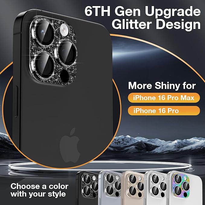 YWXTW for iPhone 16 Pro/iPhone 16 Pro Max Camera Lens Protector, [New Glitter Design] Full Bling Sparkly Diamond Tempered Glass Screen Protector Metal Camera Cover Accessories (Black Titanium)