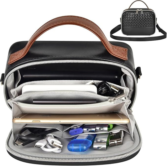 Electronic Organizer with Shoulder Strap, Premium Mixed-Fabric Accordion Tech Pouch for Travel & Commute, Large Capacity for Power Bank, Phone, Hard Drive,Charger -Case Only (Black)