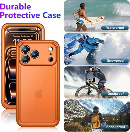 Temdan Compatible with iPhone 17 Pro Case,Waterproof Built-in Screen & Camera Protector IP68 Underwater Full Body 17FT Military Dropproof Shockproof Phone Case 6.3"-Orange/Clear