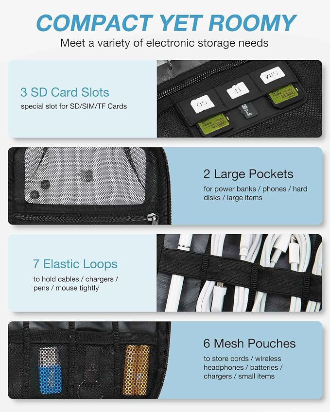 BAGSMART Large Electronics Organizer Travel Case for Tech Accessories, Blue | Travel Cable Organizer, For Travel Essentials, Cord Organizer, For Phone Power Bank SD Card