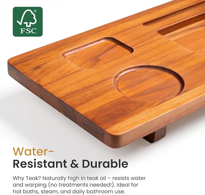 Luxury Teak Bathtub Caddy Tray - 35" Expandable Bath Bridge for Freestanding & Standard Tubs - Water-Resistant Solid Wood Spa Organizer with Wine Glass, Phone Holder & Non-Slip Grips