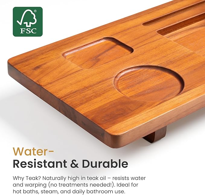Teak Bathtub Tray for Freestanding Bath - 39" Large, Thick & Adjustable Spa Caddy | Anti-Tip Design with Accessories Holder | Water-Resistant