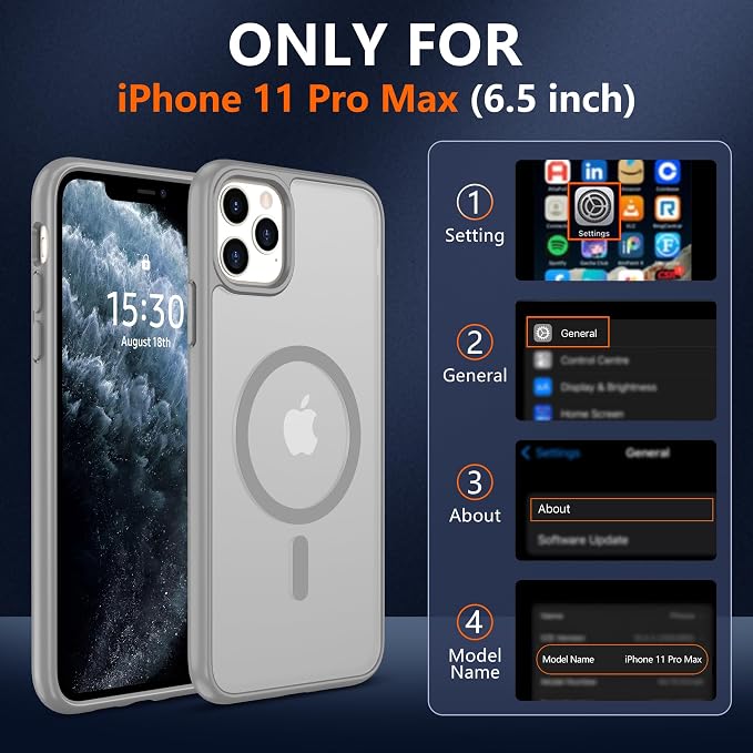 Pilaru for iPhone 11 Pro Max Case [Compatible with Magsafe] Translucent Matte Magnetic Case with Screen Protector,SlimThin Shockproof Military Grade Drop Protection Cover for iPhone 11 ProMax-Gray