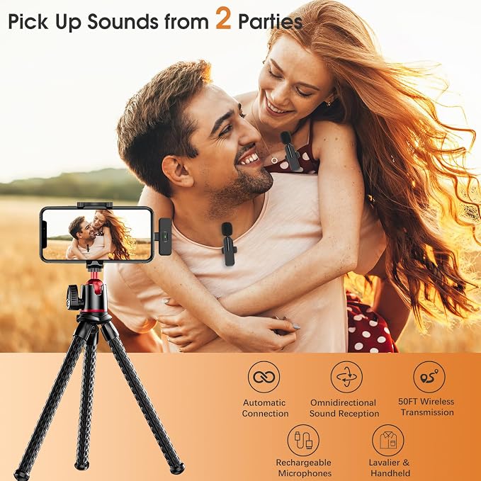 MAYBESTA Wireless Lavalier Microphone for iPhone, iPad, Android - Bluetooth Lapel Phone Mic for Video Recording - Mini Clip on Microphones for YouTube Podcast Interview(2-IN-1 Port)