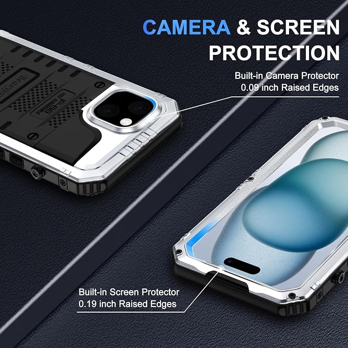 Beasyjoy for iPhone 15 Case Waterproof, Metal Heavy Duty Full Body Protective Case with Built-in Screen Protector, Military Grade Shockproof Dustproof Defender Rugged Cover for iPhone 15 6.1" Silver