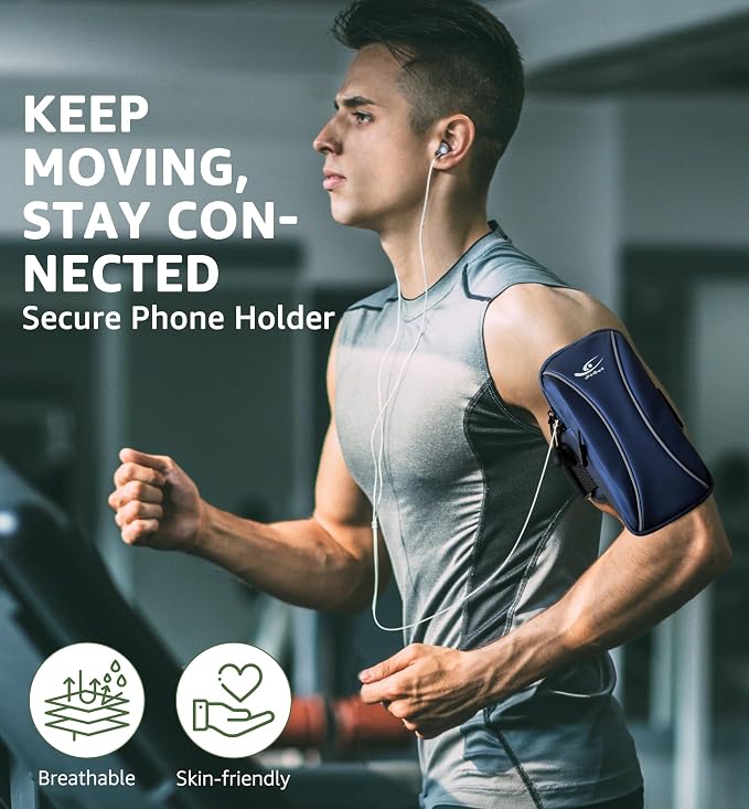 HiRui Arm Bag & Wrist Bag Phone Holder, Sports Running Armband for Gym, Cycling & Workout, Compatible with iPhone 17/16/15 Series, Samsung Galaxy & More, Reflective, Adjustable, Secure Fit (Blue)