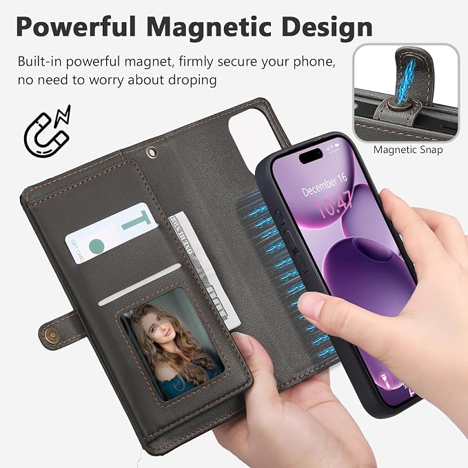 Wallet Case for iPhone 16 Plus with Card Holder/Crossbody Wallet/Strap| RFID Blocking | Magnetic | Kickstand | Detachable | PU Leather Phone Case for iPhone 16 Plus,6.7 in,Black