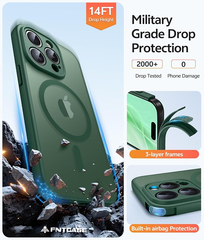 FNTCASE for iPhone 15 Pro Case: [Compatible with Magsafe] Translucent Matte Cases with [Full Camera Protection] [Screen Protector] Military Grade Shockproof Protective Phone Cover - Green