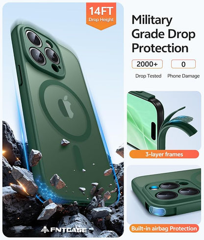 FNTCASE for iPhone 15 Pro Case: [Compatible with Magsafe] Translucent Matte Cases with [Full Camera Protection] [Screen Protector] Military Grade Shockproof Protective Phone Cover - Green