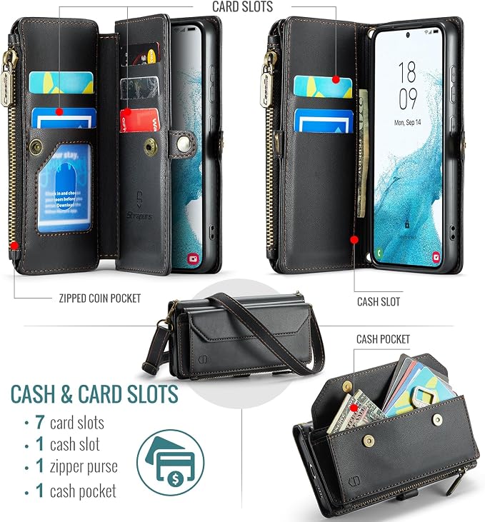 Strapurs Crossbody Wallet Case Compatible with Samsung Galaxy S22 5G RFID Blocking Card Holder Soft PU Leather Magnetic Snap Shoulder Strap Zipper Pocket Phone Case Fit for Galaxy S22 6.1" - Black