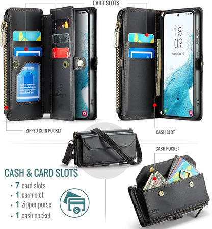 Strapurs Crossbody Wallet Case Compatible with Samsung Galaxy S22 5G RFID Blocking Card Holder Soft PU Leather Magnetic Snap Shoulder Strap Zipper Pocket Phone Case Fit for Galaxy S22 6.1" - Black