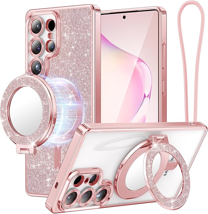 Meifigno Magnetic Case with Removable Phone Ring Stand for Samsung Galaxy S25 Ultra, [Glitter Card & Wrist Strap] [MagSafe Compatible] [Built in Mirror] Phone Ring Stand + Phone Case Kit, Rose Gold