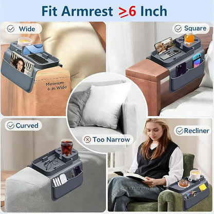 Silicone Couch Cup Holder for Tablet & Phone Stand, Sofa Arm Tray Organizer with Dual Side Pockets for Remotes Snacks Headphones & Glasses Drinks Anti-Slip & Heat Resistant Sofa Caddy (Gray)