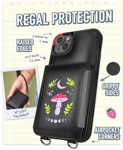 Smartish iPhone 14 Plus Crossbody Wallet Case - Dancing Queen [Purse/Clutch with Detachable Strap & Wristlet] Protective Cover with Credit Card Holder - Moons Out Shrooms Out