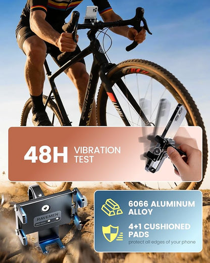 Ravemen Bike Phone Holder, 6066 Aluminum Motorcycle Phone Mount for 4-7'' Cell Phones with 4+1 Anti-Vibration Pads, Bicycle Scooter Phone Clamp Fit 20-35mm Handlebars
