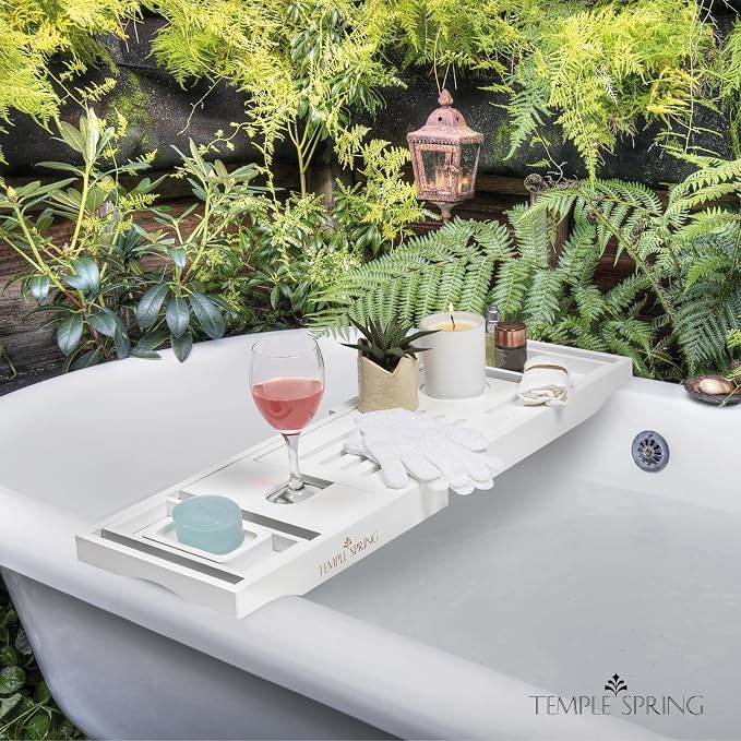 Temple Spring Bamboo Bathtub Tray Caddy for Tub — Expandable Wood Bath Tray with Solid Book Stand Wine Holder and Non-Slip Pads — Includes Bamboo Soap Dish and Spa Accessories — Luxury Bath Gift Set