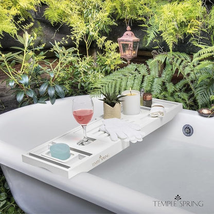 Temple Spring Bamboo Bathtub Tray Caddy for Tub — Expandable Wood Bath Tray with Solid Book Stand Wine Holder and Non-Slip Pads — Includes Bamboo Soap Dish and Spa Accessories — Luxury Bath Gift Set