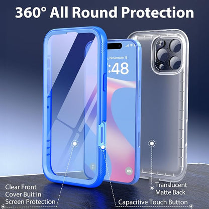 SPORTLINK for iPhone 16 Pro Max Case with Screen Protector,IP68 Underwater/6.6FT Military Dropproof/Dustproof/Heavy Duty Full Body Phone Case for Apple iPhone 16 Pro Max 6.9 inch Blue/Frosted Clear