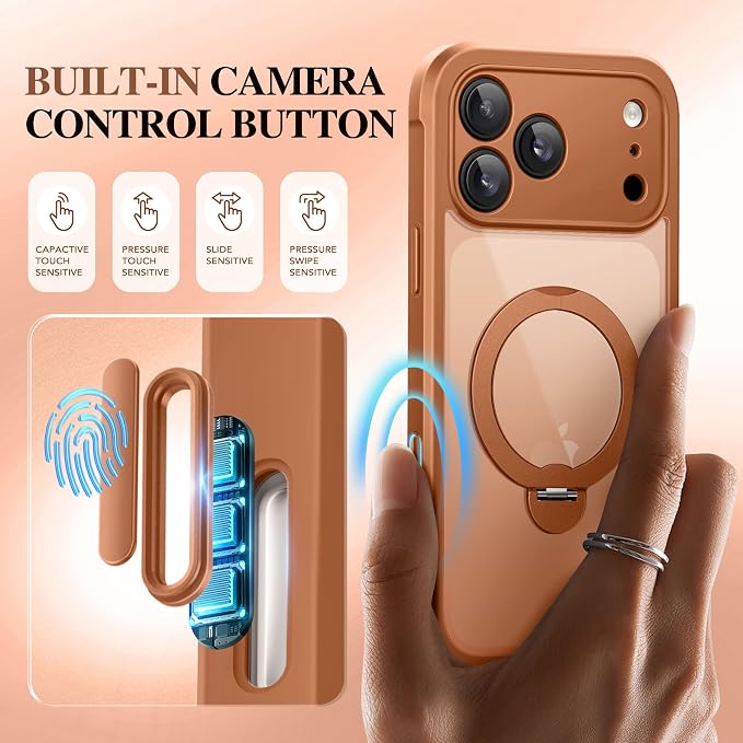 BERFY for iPhone 17 Pro Max Case, Compatible with MagSafe, Built in Privacy Screen Protector, Shockproof Full Body Phone Case for 17 Pro Max with Magnetic Stand, Clear Orange