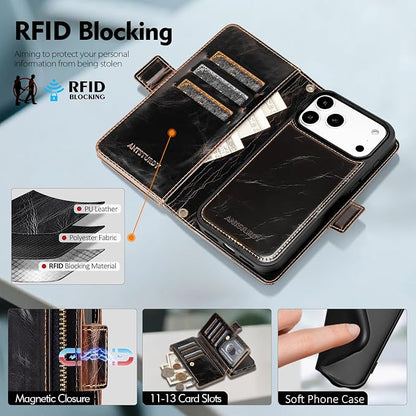 Antsturdy Compatible with Magsafe Magnetic 2 in 1 Detachable iPhone 17 Pro Wallet Case with Credit Card Holder Slots,PU Leather RFID Blocking Phone Cover Wrist Strap Zipper Women Men,Coffee
