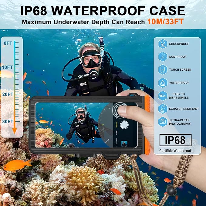 2026 Diving Snorkeling Phone Case for iPhone 17/16/15/14/13/12/11 Pro Max/XS/X Samsung Galaxy S26/S25/S24 Professional Scuba Dive Waterproof Underwater Photo Video Cover (4TH Gen, Orange)