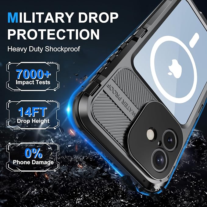 WIFORT for iPhone 16 Plus Waterproof Case - Metal Heavy Duty [Built-in Screen Protector] [14FT Military Shockproof] [Fit for MagSafe], IP68 Full Body Rugged Water Proof Magnetic Cover, 6.7" Black